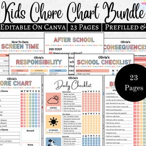 Tablas de tareas editables para niños, recompensas, asignación, tiempo frente a la pantalla, rutina escolar, tabla de comportamiento, consecuencias, lista de verificación diaria, tareas semanales Boho