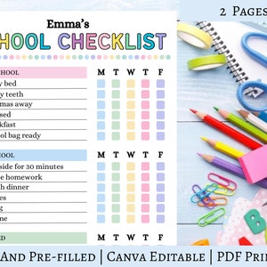 Canva-bewerkbare schooldagchecklist voor kinderen | Afdrukbaar | Takenschema | Voor school, na school, voor het slapengaan | Verantwoordelijkheidstabel voor kinderen