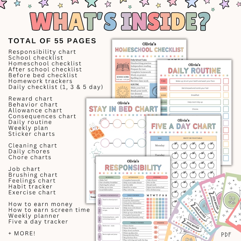 May include: A collection of printable charts and checklists, including a homeschool checklist, daily routine, and responsibility chart. The charts feature colorful designs and are designed for kids. The text "WHAT'S INSIDE?" is at the top.