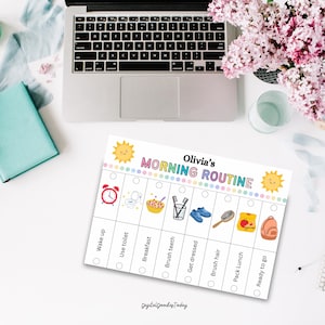 May include: A colourful morning routine chart featuring the text "Olivia's Morning Routine" and illustrations of daily activities. The chart includes images of a clock, toilet, breakfast, and a backpack. A laptop and flowers are in the background.