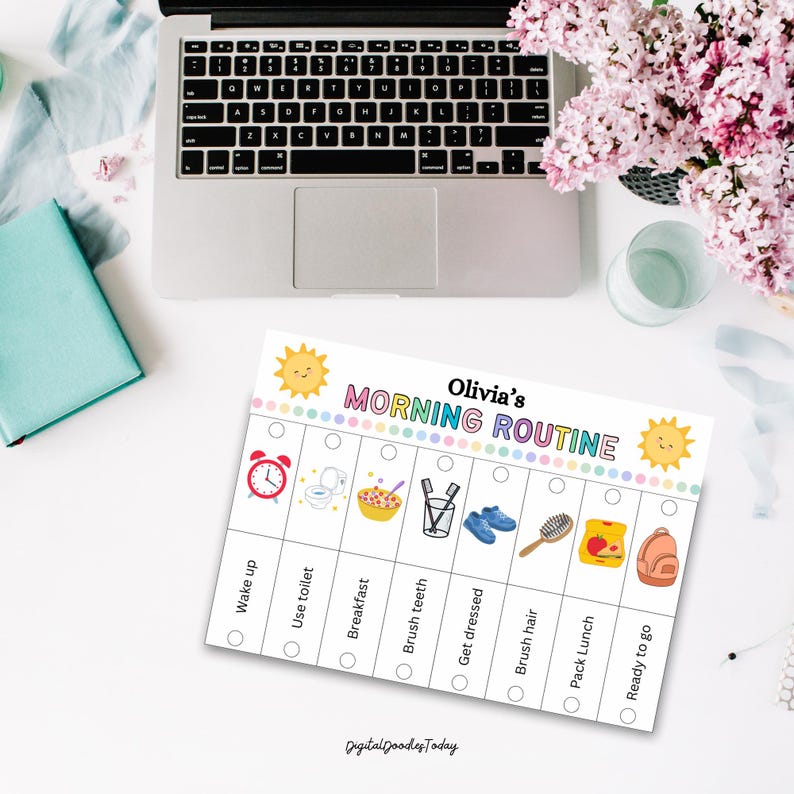 May include: A colourful morning routine chart featuring the text "Olivia's Morning Routine" and illustrations of daily activities. The chart includes images of a clock, toilet, breakfast, and a backpack. A laptop and flowers are in the background.