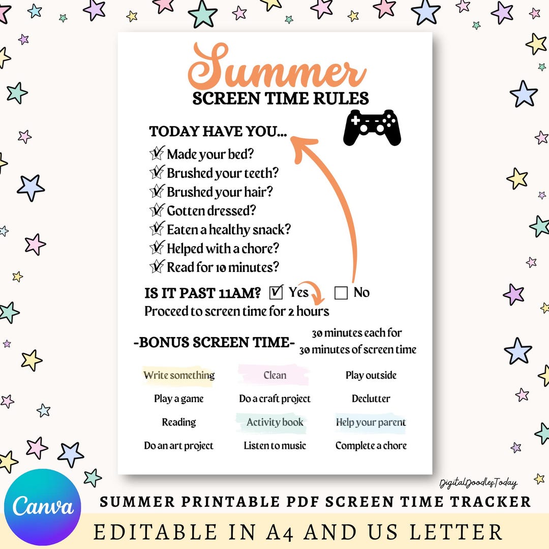 Summer Screen Time Rules Printable | Editable Screen Time Checklist ...