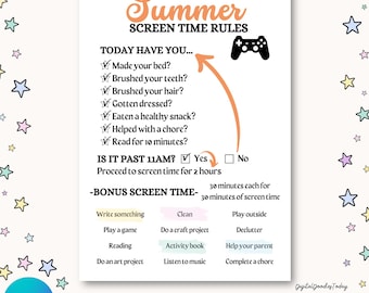 Summer Screen Time Rules Printable | Editable  Screen Time Checklist | Summer Chores Tracker | Printable Chore Chart | Summer Activates