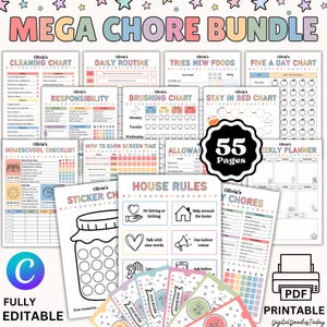 Peut inclure: Un ensemble imprimable Mega Chore avec 55 pages, comprenant des tableaux de nettoyage, des routines quotidiennes et des listes de tâches. Comprend un tableau d'autocollants, des règles de la maison et un planificateur hebdomadaire. Le texte "FULLY EDITABLE" est visible.