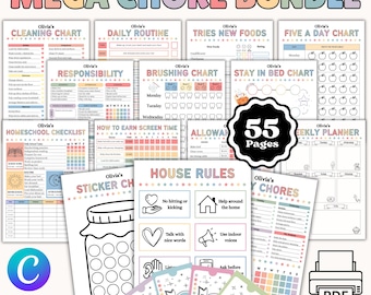 Könnte beinhalten: Ein druckbares Mega-Chore-Bundle mit 55 Seiten, das Reinigungspläne, tägliche Routinen und Aufgabenlisten enthält. Enthält ein Aufkleber-Diagramm, Hausregeln und einen Wochenplaner. Der Text "FULLY EDITABLE" ist sichtbar.