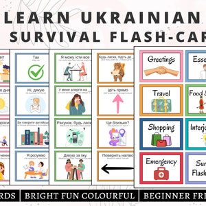 May include: A set of 112 Ukrainian survival flashcards featuring colorful illustrations and text. The cards are organized into categories including Greetings, Essentials, Travel, Food and Drink, Shopping, Interjections, and Emergency, designed for beginners.