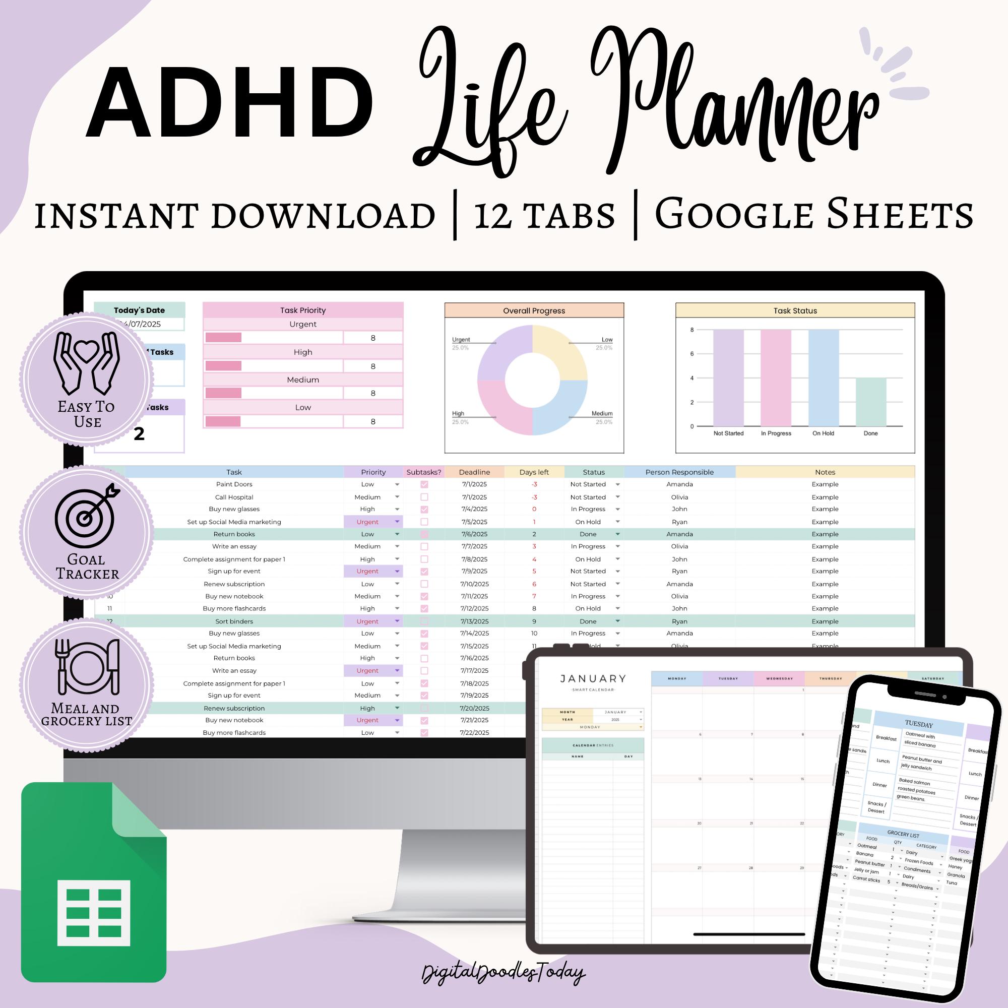 ADHD Life Planner Spreadsheet Google Sheets Task to Do List Template ...