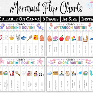 Meerjungfrau Kinder Flip Routine Chart bearbeitbar druckbar, Morgen Abend Schlafenszeit Flip Chart, visueller Stundenplan für Kinder Kleinkind Chore Chart Canva