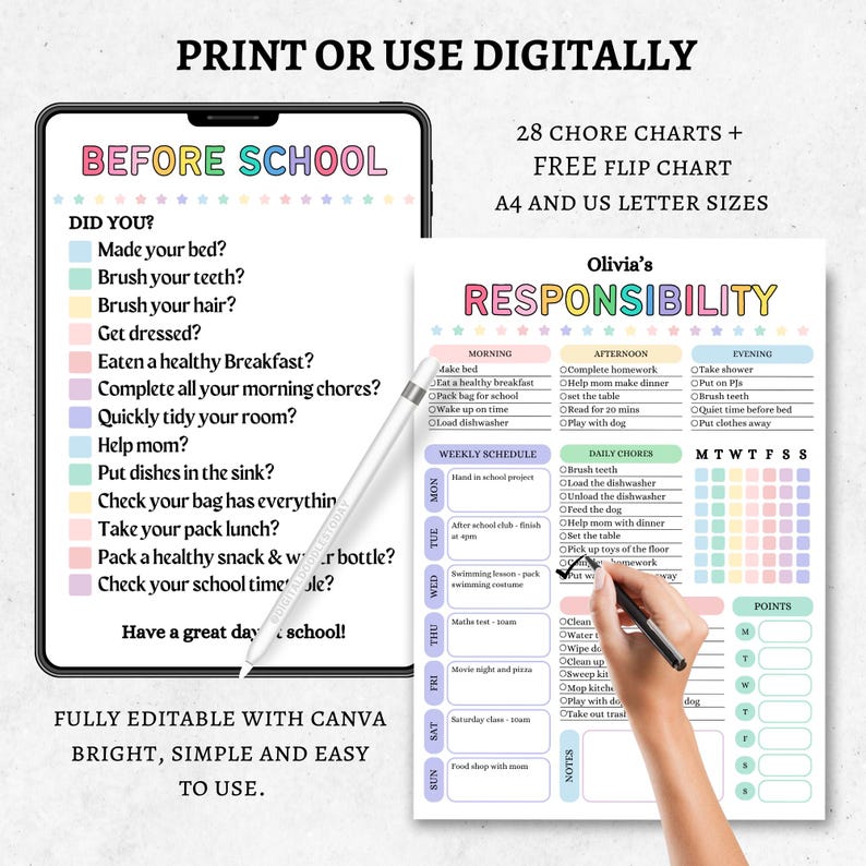 Editable Kids chore chart bundle,Kids daily checklist canva,Editable responsibility chart,Allowance,Screentime,Behavior,Reward chart, PDF image 9