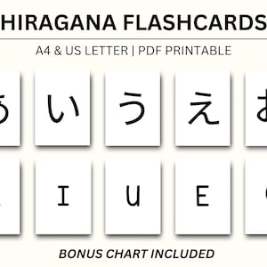 May include: White flashcards with black Hiragana characters and English alphabet letters. The text "HIRAGANA FLASHCARDS" is at the top, with "A4 & US LETTER | PDF PRINTABLE" below it. The bottom of the image reads "BONUS CHART INCLUDED".