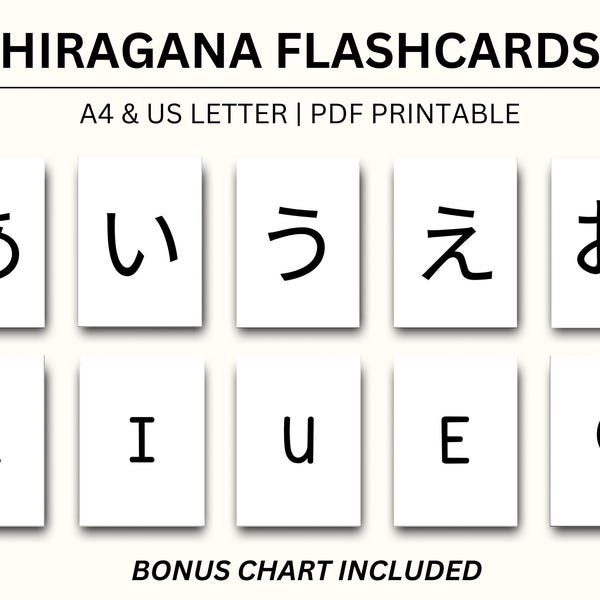 Japanische Hiragana Bildkarten, Hiragana druckbare Bildkarten, einfache minimale japanische Alphabet Lernkarten, japanische Lernkarte PDF zum ausdrucken