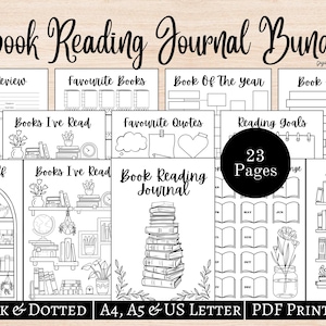 May include: A black and white digital printable book reading journal bundle. The journal includes pages for book reviews, favorite books, reading goals, and more. The bundle includes 23 pages and is available in A4, A5, and US Letter sizes.