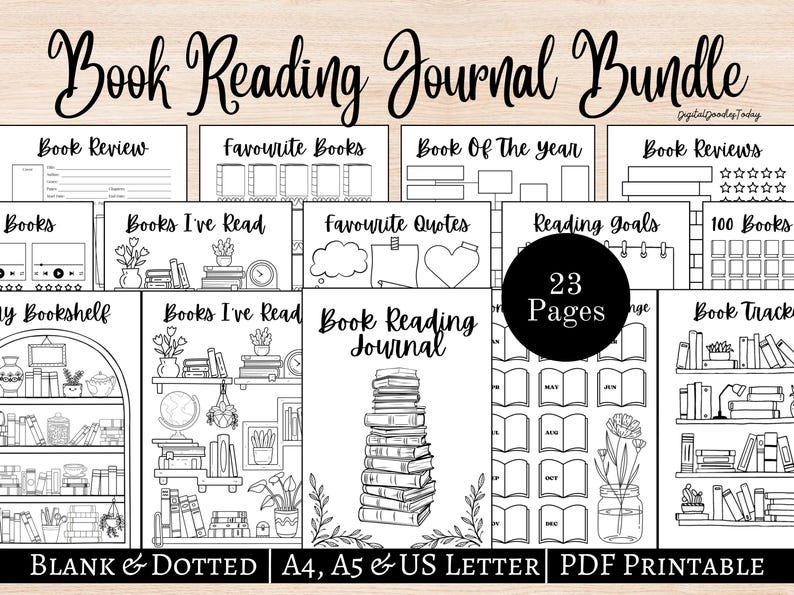 May include: A black and white digital printable book reading journal bundle. The journal includes pages for book reviews, favorite books, reading goals, and more. The bundle includes 23 pages and is available in A4, A5, and US Letter sizes.