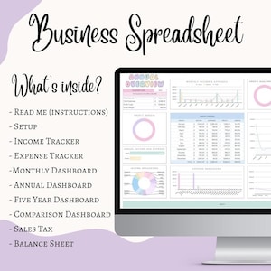 May include: A computer monitor displays a business spreadsheet with charts and graphs. The text "Business Spreadsheet" is at the top, with a list of features including income and expense trackers. The screen shows an annual overview and other financial data.