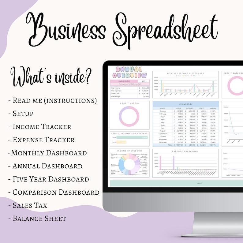 May include: A computer monitor displays a business spreadsheet with charts and graphs. The text "Business Spreadsheet" is at the top, with a list of features including income and expense trackers. The screen shows an annual overview and other financial data.