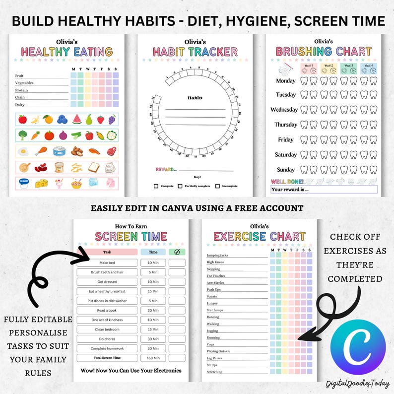 Editable Kids chore chart bundle,Kids daily checklist canva,Editable responsibility chart,Allowance,Screentime,Behavior,Reward chart, PDF image 6