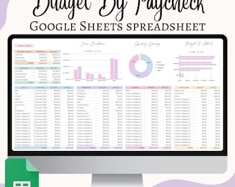May include: A computer screen displaying a Google Sheets spreadsheet titled "Budget By Paycheck". The spreadsheet is designed to help users track their income, expenses, savings, and debt. The spreadsheet includes charts and graphs to visualize the data.
