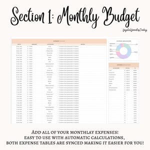 May include: A digital monthly budget planner with expense tracking tables and expense breakdowns. The title "Section 1: Monthly Budget" is at the top. The text "DigitalDoodlesToday" is in the upper right corner. The text "ADD ALL OF YOUR MONTHLY EXPENSES!" is at the bottom.