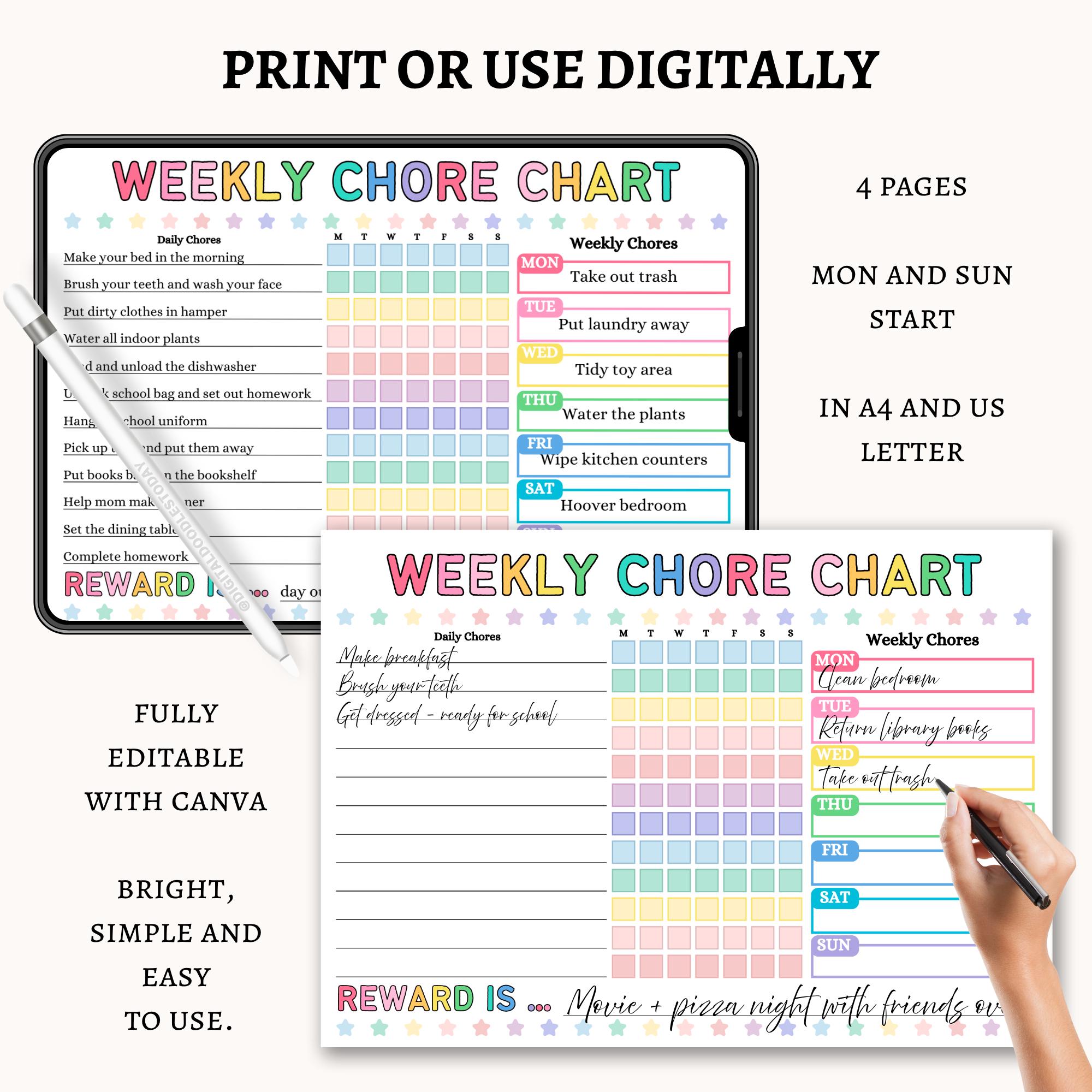 Editable Weekly Chore Chart for Kids | Printable Kids Responsibility ...