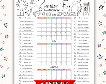 2026 Editable Summer Calendar Poster Summer Fun Bucket List Family Activities Planner Checklist Printable Template Digital Download PDF