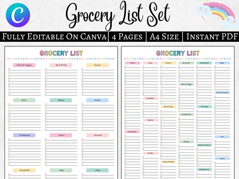 Blank Grocery List Printable Colorful Grocery Shopping List Editable ...