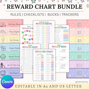 Editable Kids reward bucks and chart,Reward coupons for kids,Mom bucks chart printable,Reward system Play money,Rainbow Colorful chore chart