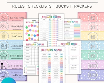 Editable Kids reward bucks and chart,Reward coupons for kids,Mom bucks chart printable,Reward system Play money,Rainbow Colorful chore chart