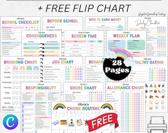 Editable Kids chore chart bundle,Kids daily checklist canva,Editable responsibility chart,Allowance,Screentime,Behavior,Reward chart, PDF