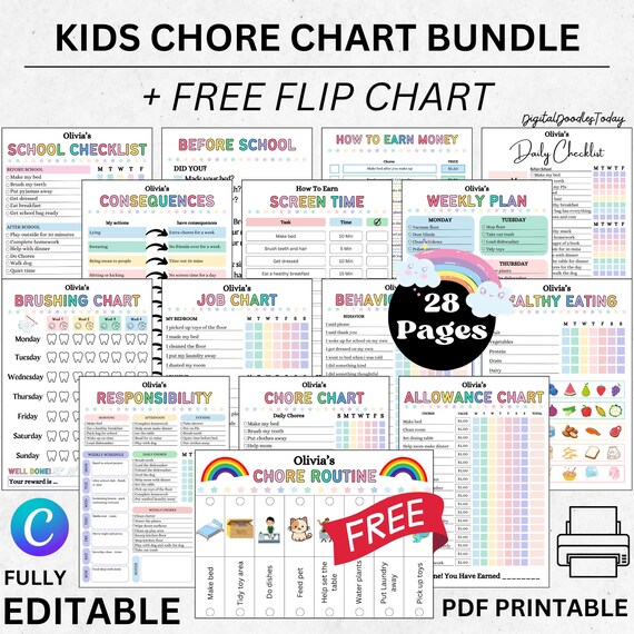 Editable Kids chore chart bundle,Kids daily checklist canva,Editable responsibility chart,Allowance,Screentime,Behavior,Reward chart, PDF