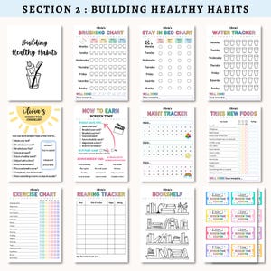 May include: A collection of printable habit trackers and charts, including a brushing chart, water tracker, and exercise chart. The pages are white with black text and colorful accents, designed to help build healthy habits.