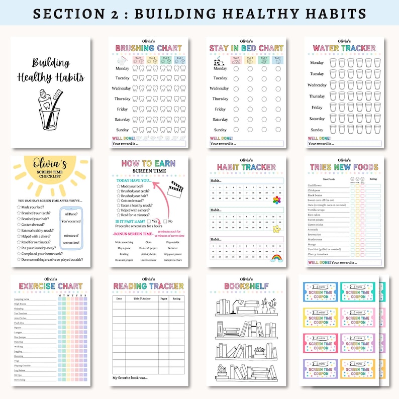 May include: A collection of printable habit trackers and charts, including a brushing chart, water tracker, and exercise chart. The pages are white with black text and colorful accents, designed to help build healthy habits.