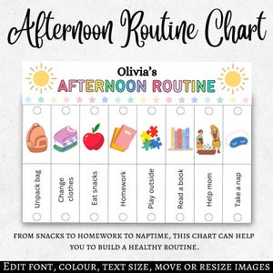 May include: A colourful afternoon routine chart with the text "Afternoon Routine Chart" and "Olivia's Afternoon Routine." The chart includes illustrations for activities like unpacking a bag, eating snacks, and taking a nap. The chart is designed to help build a healthy routine.