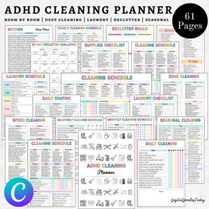 ADHD cleaning planner bundle - cleaning checklist, cleaning schedule, cleaning card, family chore chart, declutter challenge, Canva editable