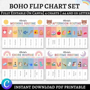 May include: A Boho Flip Chart Set with four charts for morning, afternoon, chore, and bedtime routines. Each chart features colorful illustrations and text labels for daily tasks. The set is fully editable on Canva and available in A4 and US Letter sizes.