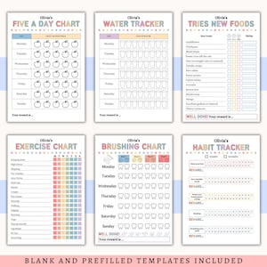May include: A set of six printable charts with colorful headers and text, including a five-a-day chart, water tracker, new foods chart, exercise chart, brushing chart, and habit tracker. The charts are designed for tracking daily activities.