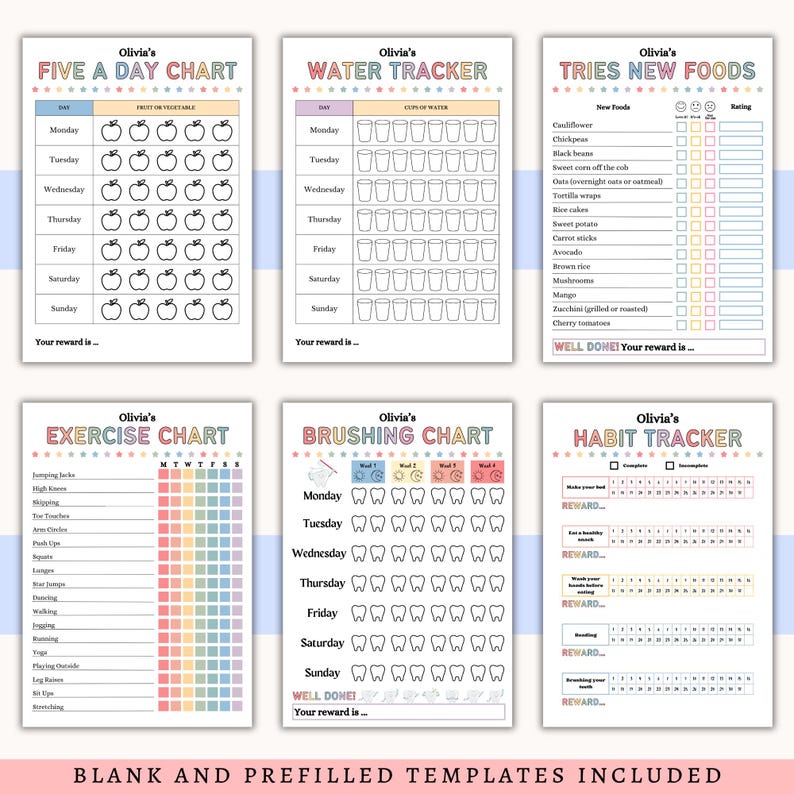 May include: A set of six printable charts with colorful headers and text, including a five-a-day chart, water tracker, new foods chart, exercise chart, brushing chart, and habit tracker. The charts are designed for tracking daily activities.