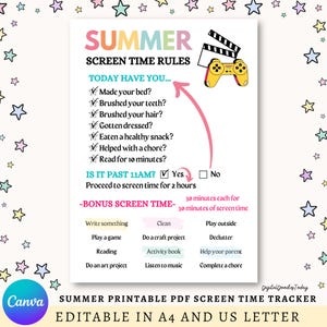 Pode incluir: Um rastreador de tempo de tela imprimível e colorido com a palavra "SUMMER" no topo. O rastreador inclui uma lista de verificação para tarefas diárias e atividades de tempo de tela bônus. Uma seta rosa aponta para a lista de verificação.