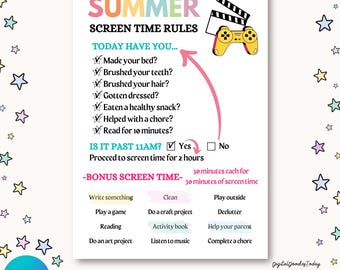 Lista de verificación de tiempo de pantalla de verano para imprimir, reglas de tiempo de pantalla, tabla de tareas de tiempo de pantalla editable, registro de tiempo de pantalla, lista de tareas imprimible para niños