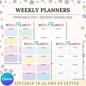 May include: A selection of pastel-colored weekly planner templates, with the text "WEEKLY PLANNERS" and "Printable PDF | Instant Download". The planners are available in A4 and US Letter sizes, with sections for each day.