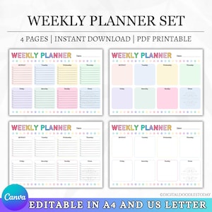 Op de afbeelding: Een set van vier weekplanner-pagina's met kleurrijke koppen en sterrenranden. Elke pagina bevat secties van maandag tot zondag en een notitiekolom, met opties voor gelinieerde of lege vakken, gelabeld als een weekly planner set.