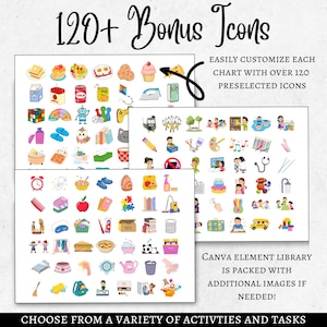 May include: Digital graphic with the text "120+ Bonus Icons" and "Easily customise each chart with over 120 preselected icons." The image shows a collection of colourful illustrations of various objects and activities.