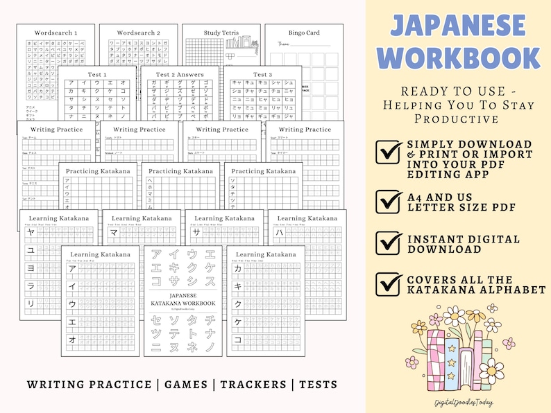 Japanese Katakana Workbook | Printable Japanese Writing Practice Sheets ...