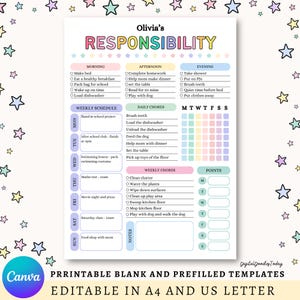 Editable Responsibility Chore Chart for Kids | Printable | Kids Daily Weekly Schedule | Kids Chore List | Kids Daily Routine Checklist | PDF