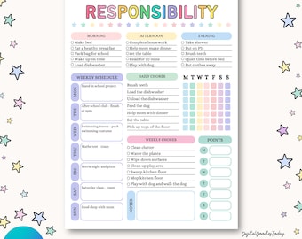 Editable Kids Responsibility Chart Printable | Chore Chart | Daily Routine Chart | Weekly Schedule Template | Behavior Reward Chart | Canva