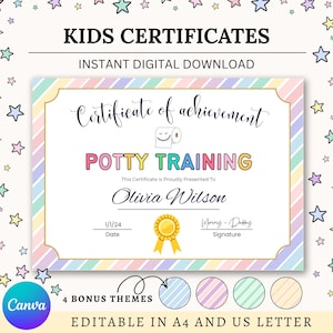 Puede incluir: Un certificado digital para el entrenamiento para ir al baño, con un borde de rayas de arcoíris pastel y detalles dorados. El certificado incluye el texto "Certificate of achievement" y "Potty Training". Editable en A4 y US Letter.