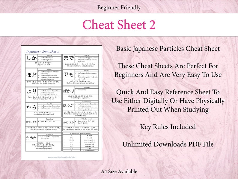 Japanese Cheat Sheets Particles Grammar Points Beginner Etsy