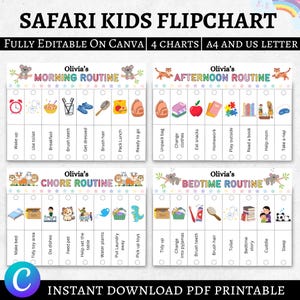 Tabla de rutinas para niños (editable e imprimible), tabla de tareas para la mañana y la tarde, tabla de tareas para niños con horario visual (Canva), tabla de tareas Safari