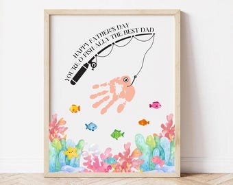 Fathers Day Handprint Fishing Printable | Caught the Best Dad Gift Idea Kids | DIY Hand Print Craft Keepsake | Father's Day Gift Ideas | PDF