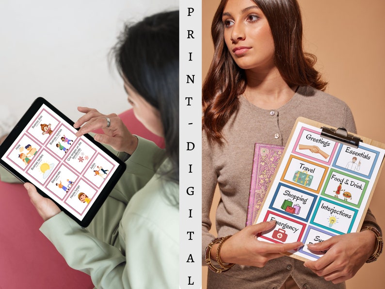 May include: A woman holds a clipboard with a set of colorful cards featuring various categories of phrases and icons. The categories include Greetings, Essentials, Travel, Food & Drink, Shopping, Interjections, Emergency, and Surprises. The cards are designed for communication and learning.