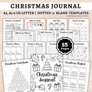 Könnte beinhalten: Ein digitales Weihnachtsjournal-Set mit 15 Seiten und schwarz-weißen Vorlagen. Enthält A4-, A5- und US-Letter-Formate mit gepunkteten und leeren Optionen. Die Seiten zeigen Planer für Geschenke, Karten, Countdowns, Playlists und Stimmungsverfolger.